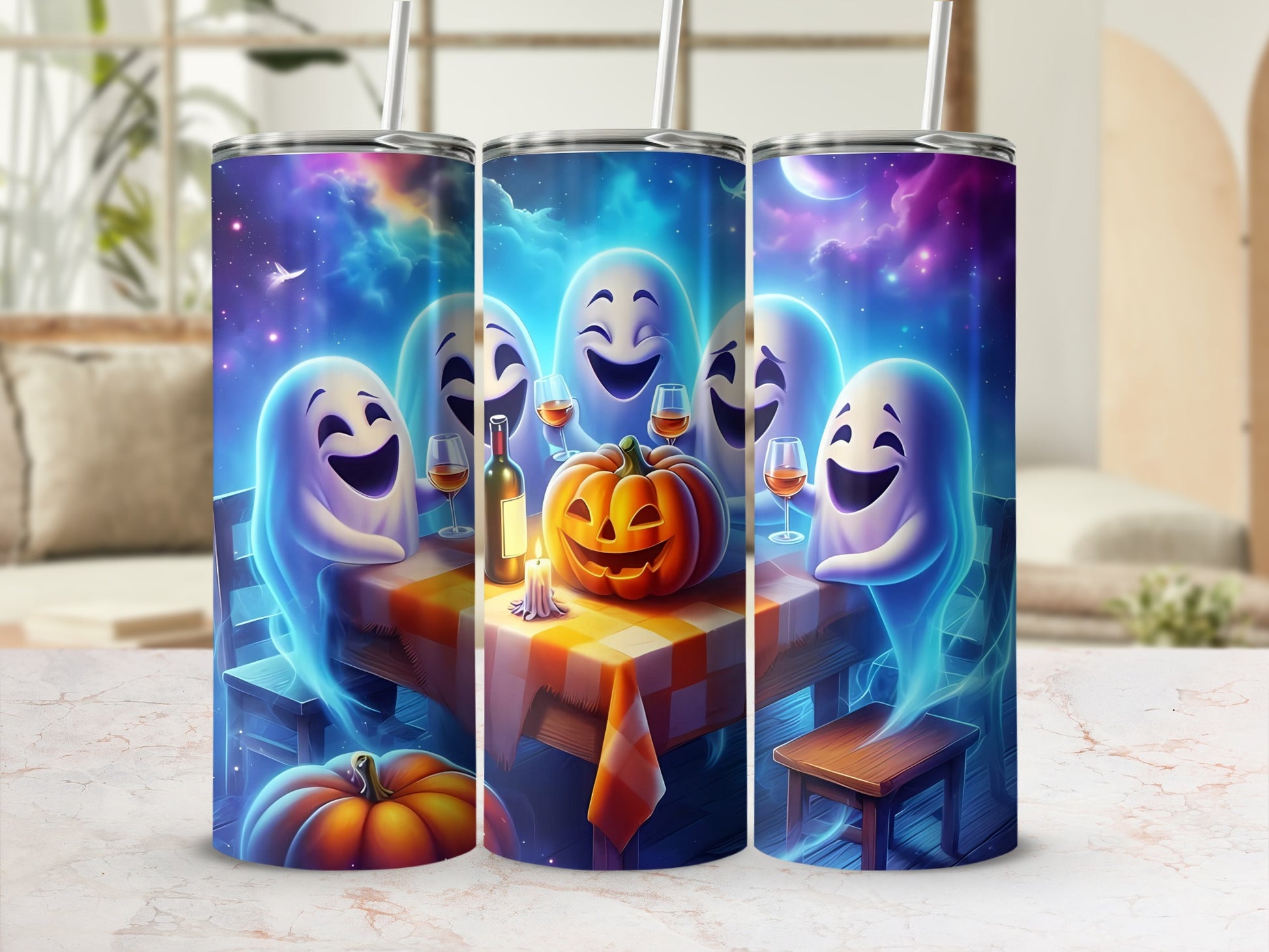 Three tumblers with a Halloween design featuring ghosts, a pumpkin, and wine glasses.