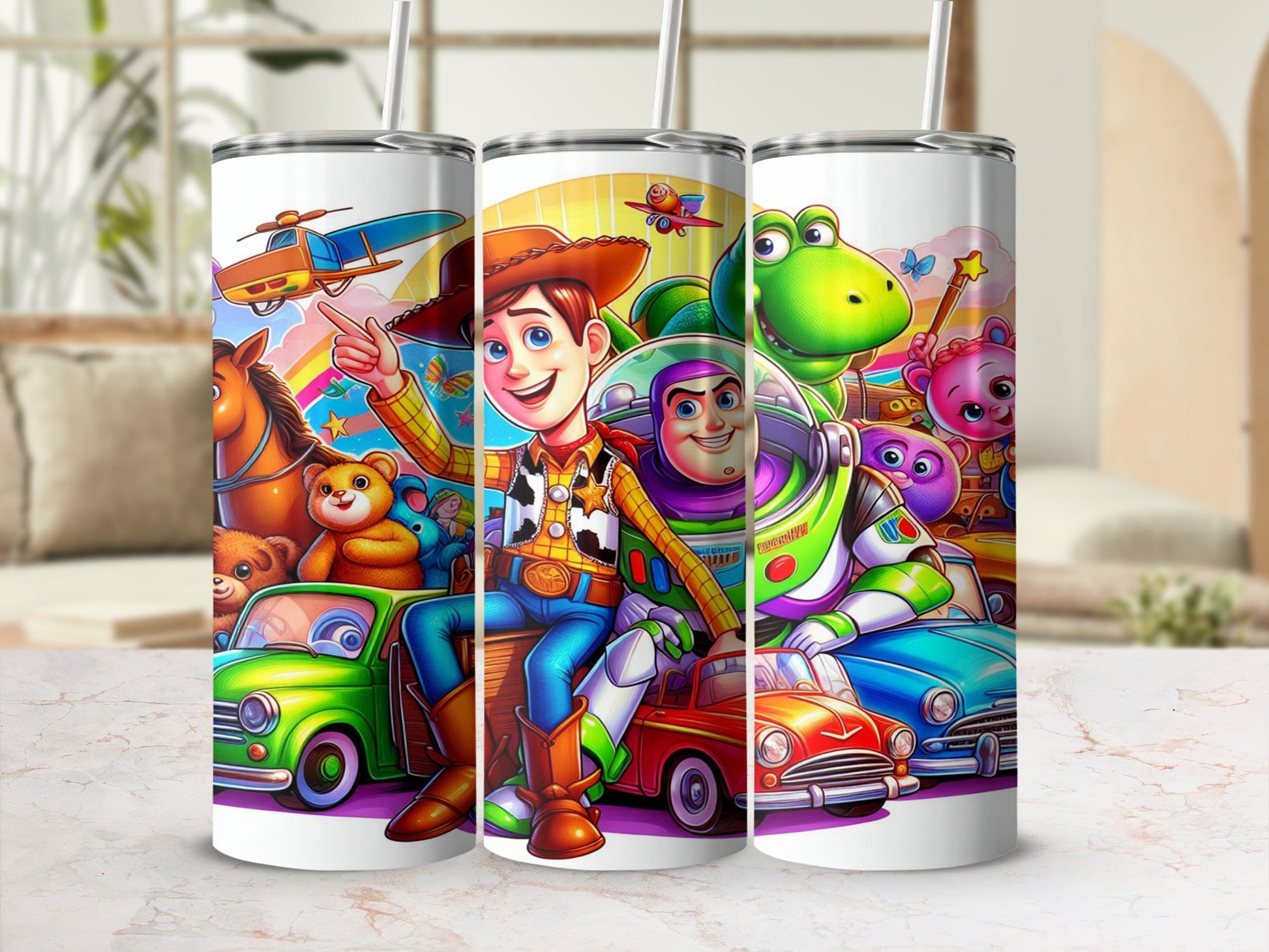 Toy Story characters Woody, Buzz Lightyear, Rex, and Slinky Dog on tumblers.