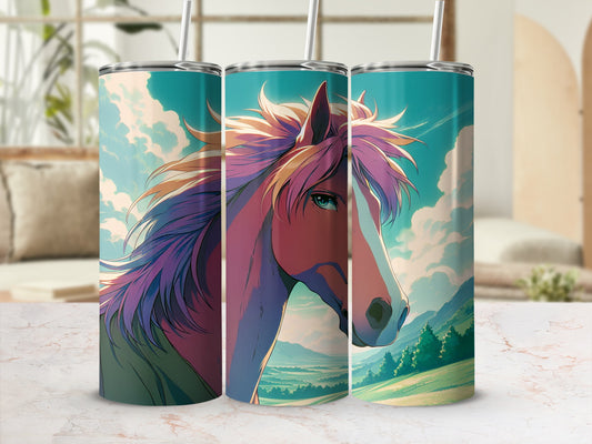 Colorful horse illustration on a tall, slim tumbler with a straw.