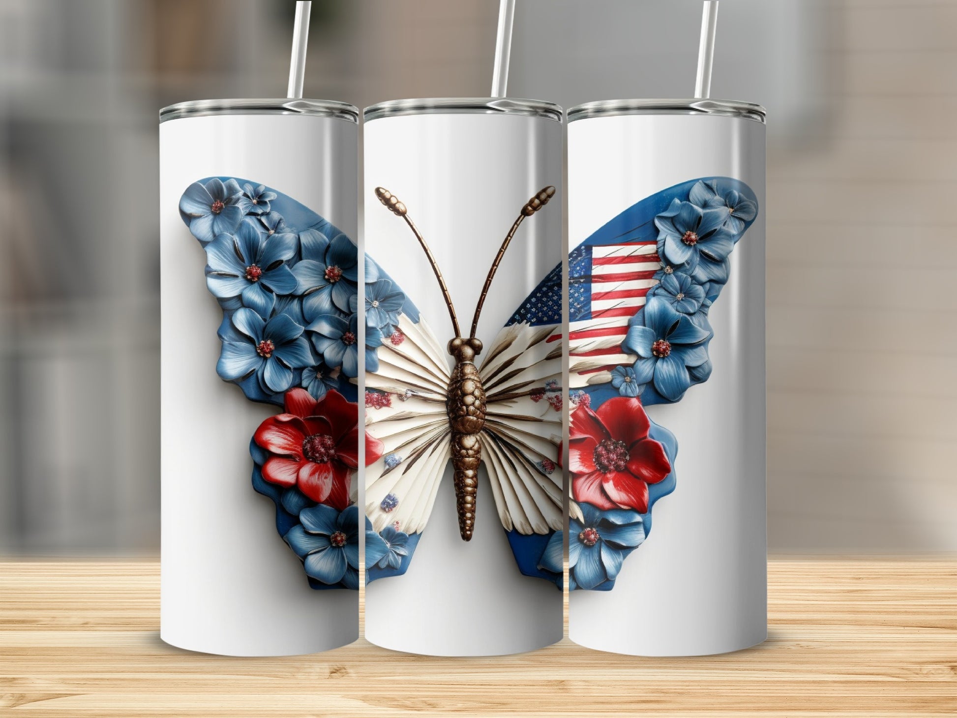 White tumbler with patriotic butterfly design featuring American flag wings.