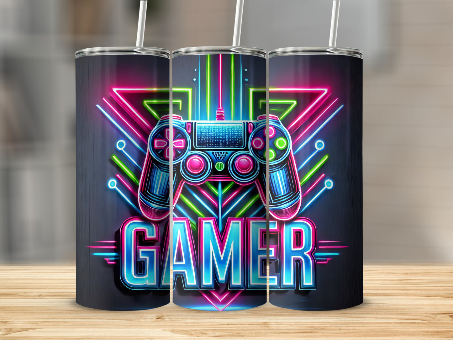 Neon gamer controller with colorful geometric background and straws.
