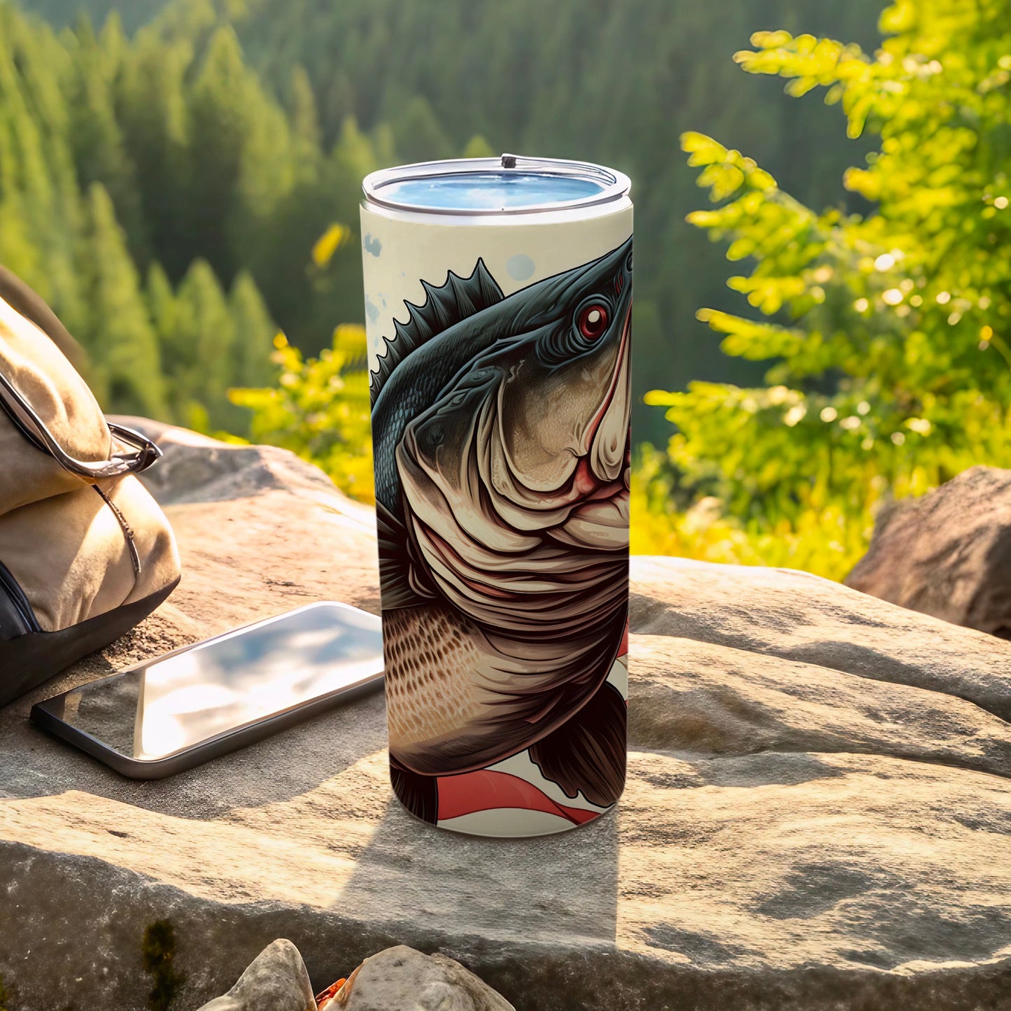 Bass fish illustration on a tumbler with forest background.