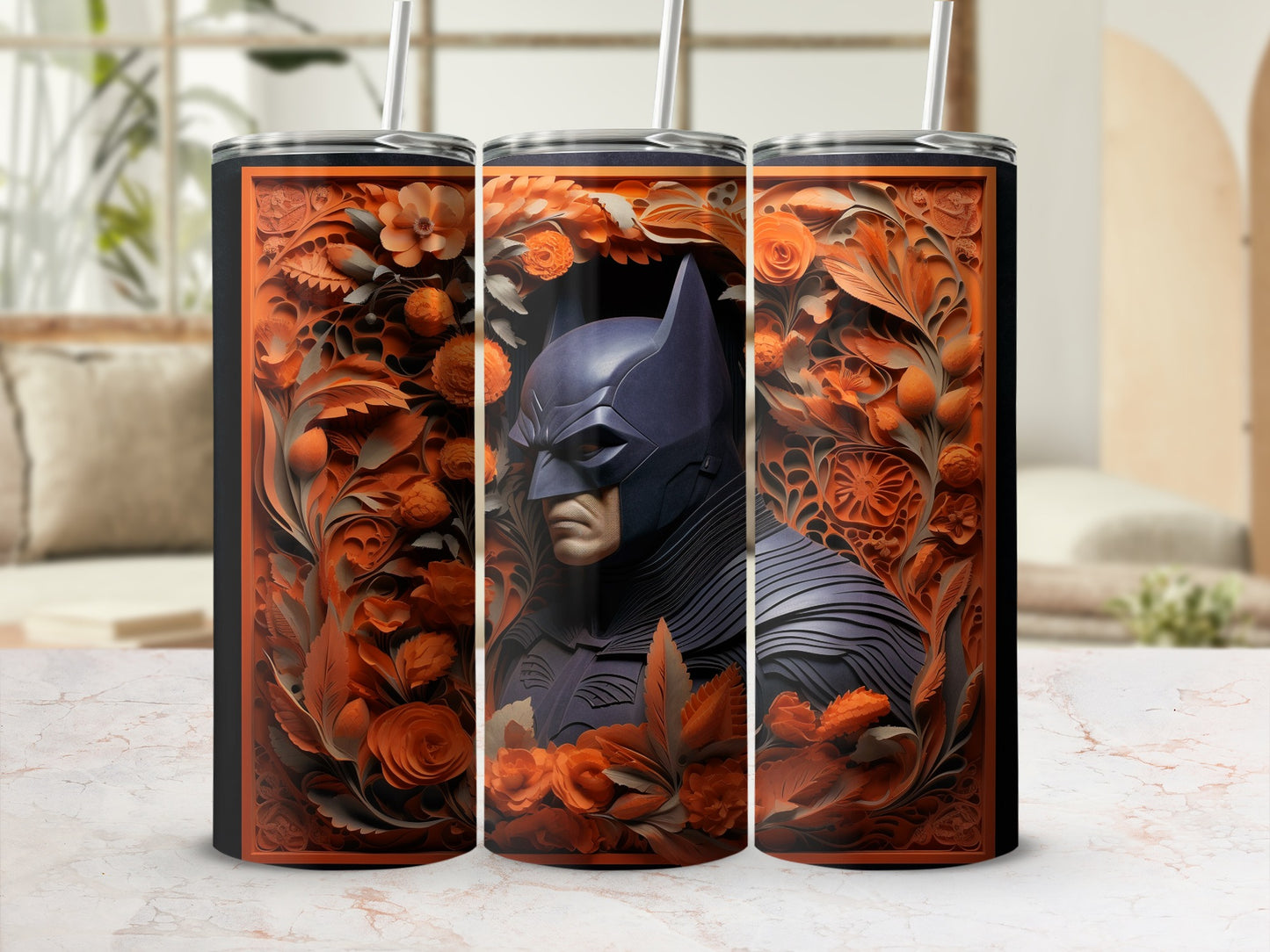 Batman Floral Art Tumbler with Stainless Steel Straw