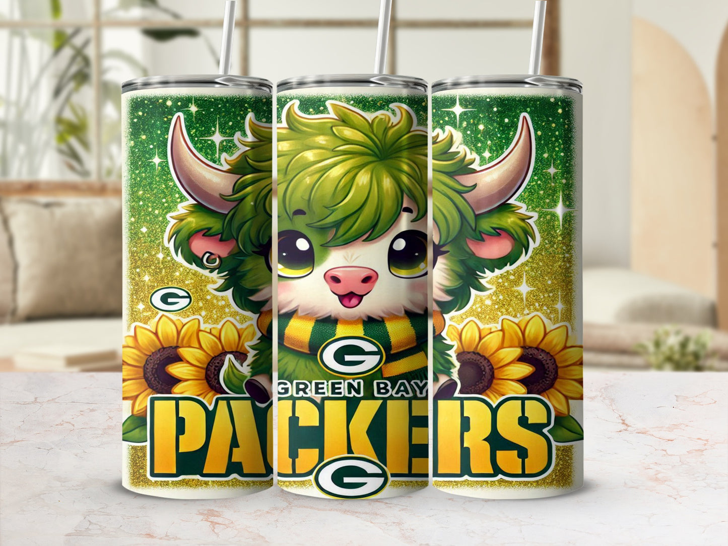 Green Bay Packers tumbler with a cute cartoon bull and sunflowers.