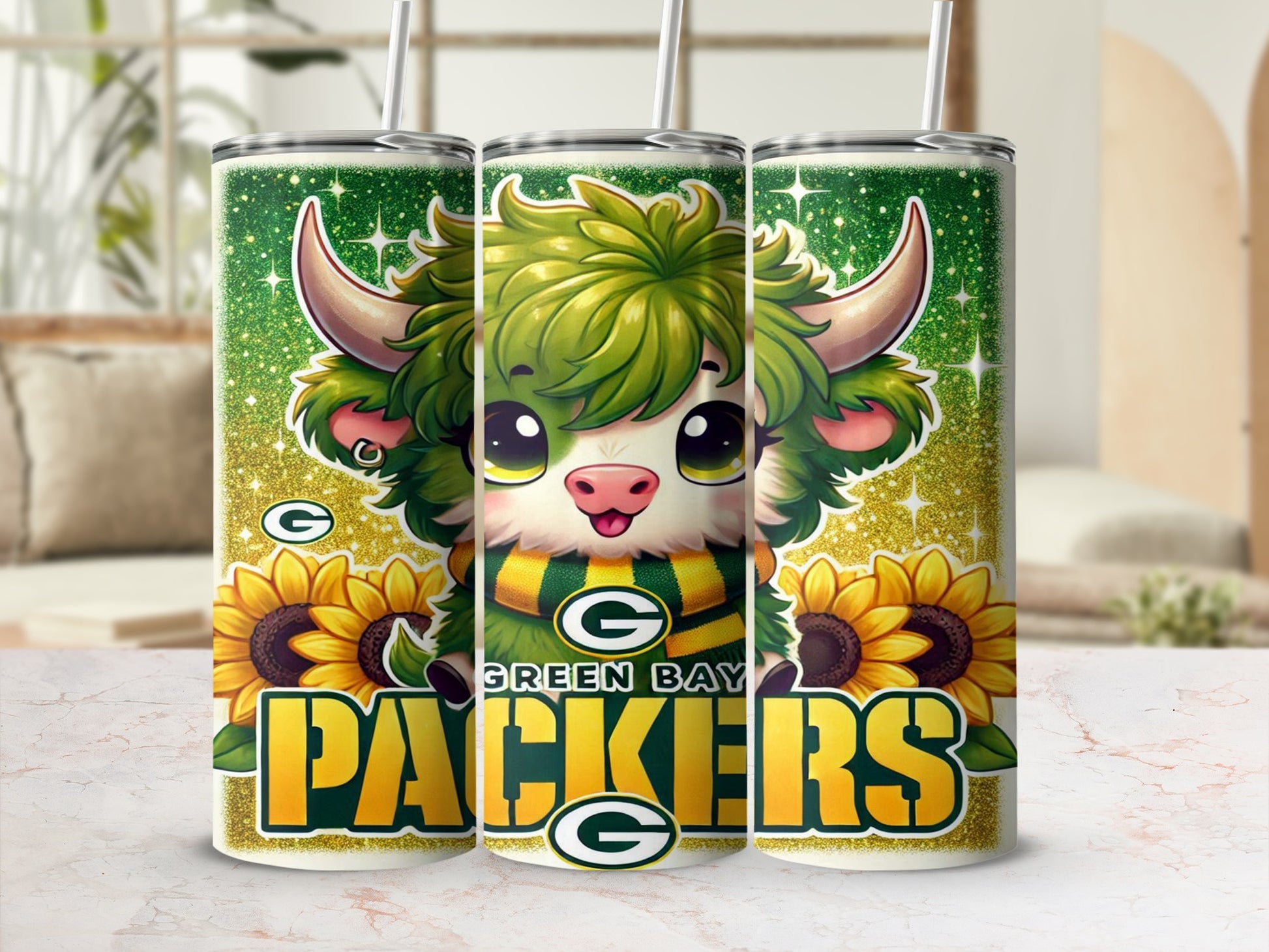 Green Bay Packers tumbler with a cute cartoon bull and sunflowers.