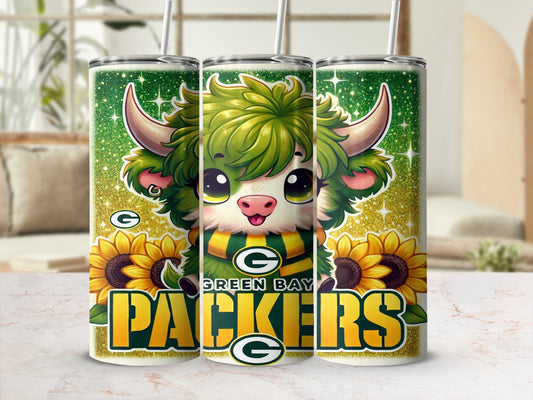 Green Bay Packers tumbler with a cute cartoon bull and sunflowers.
