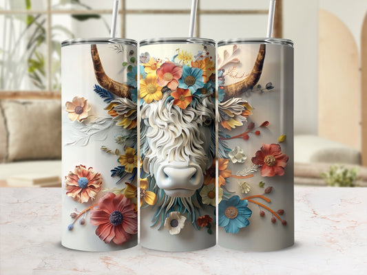 White Highland cow with colorful floral mane on a sublimation tumbler.