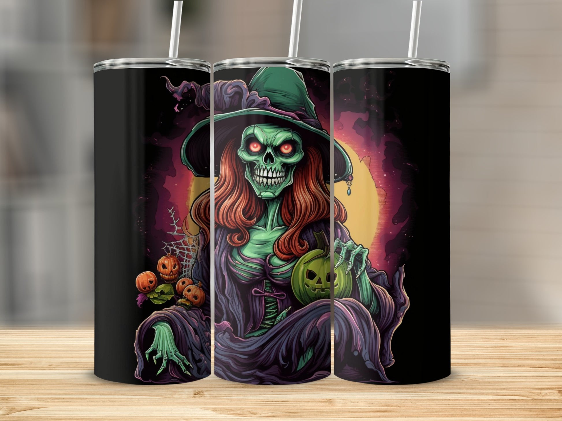Three tumblers featuring a green witch holding pumpkins against a spooky moonlit background.