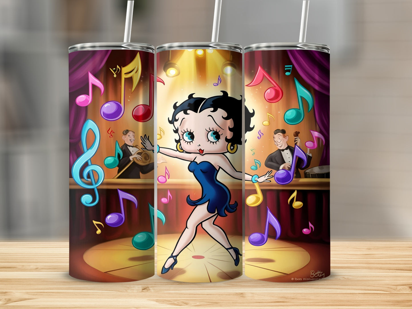 Betty Boop dancing with musical notes and musicians in a spotlight.