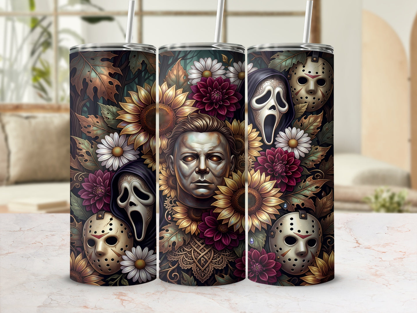 Horror movie masks and Michael Myers surrounded by sunflowers and dark flowers.
