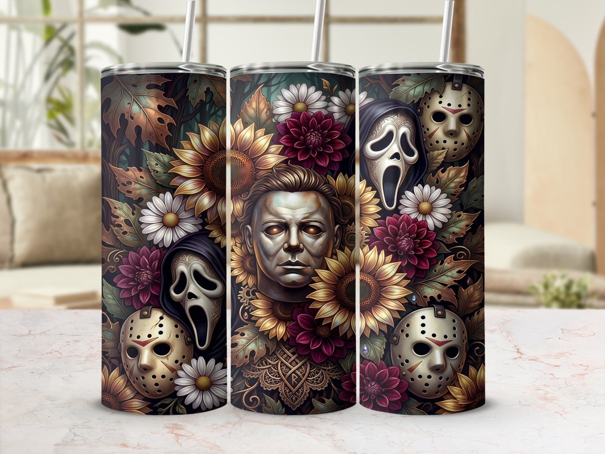 Horror movie masks and Michael Myers surrounded by sunflowers and dark flowers.