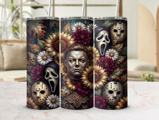 Horror movie masks and Michael Myers surrounded by sunflowers and dark flowers.