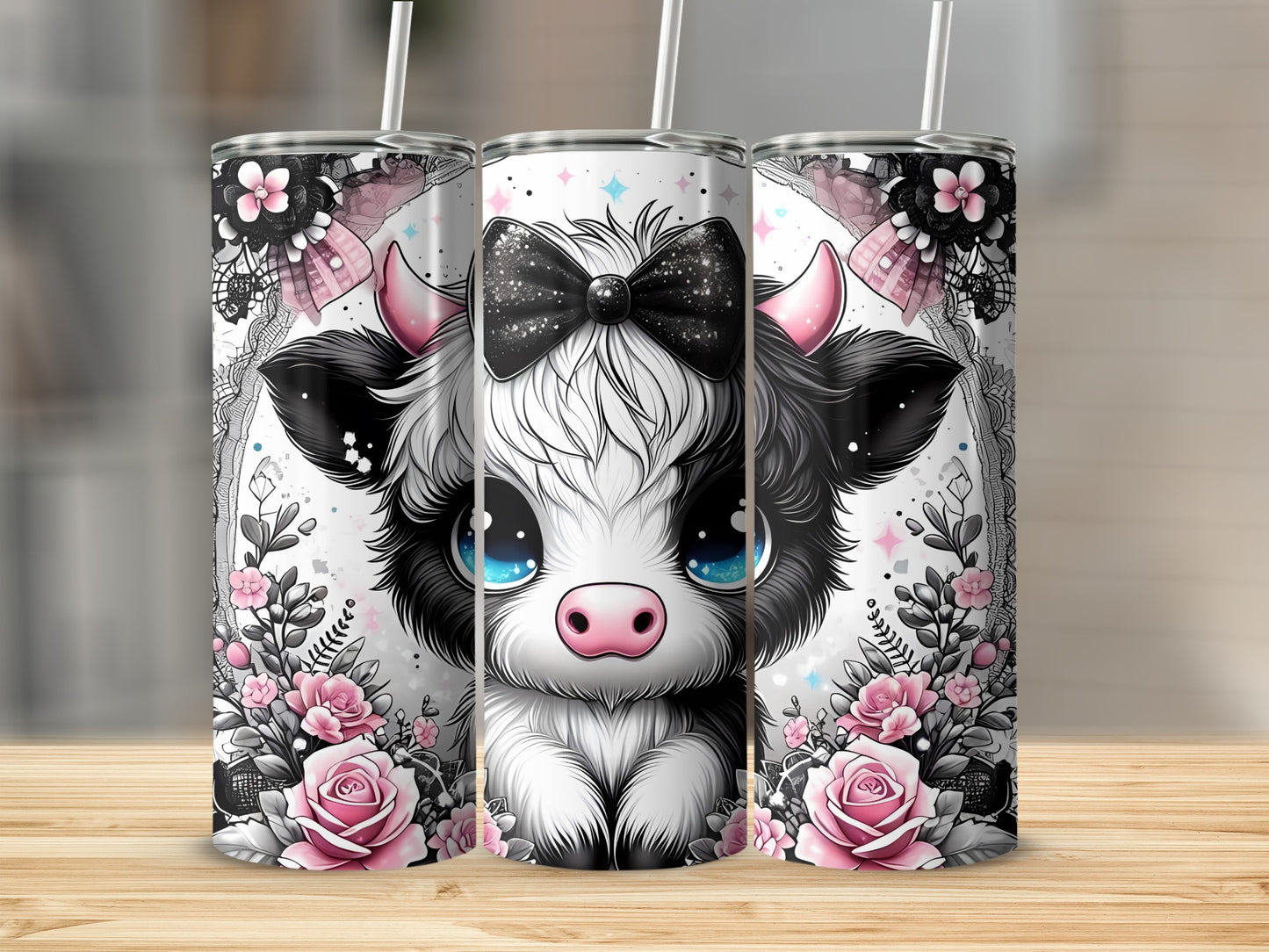 Adorable Cow with Bow and Floral Design Tumbler