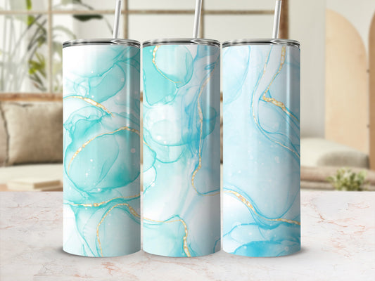 Three tumblers with swirling teal and gold abstract watercolor design.