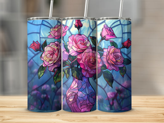Three tumblers featuring a stained-glass bouquet of pink roses in a purple vase.