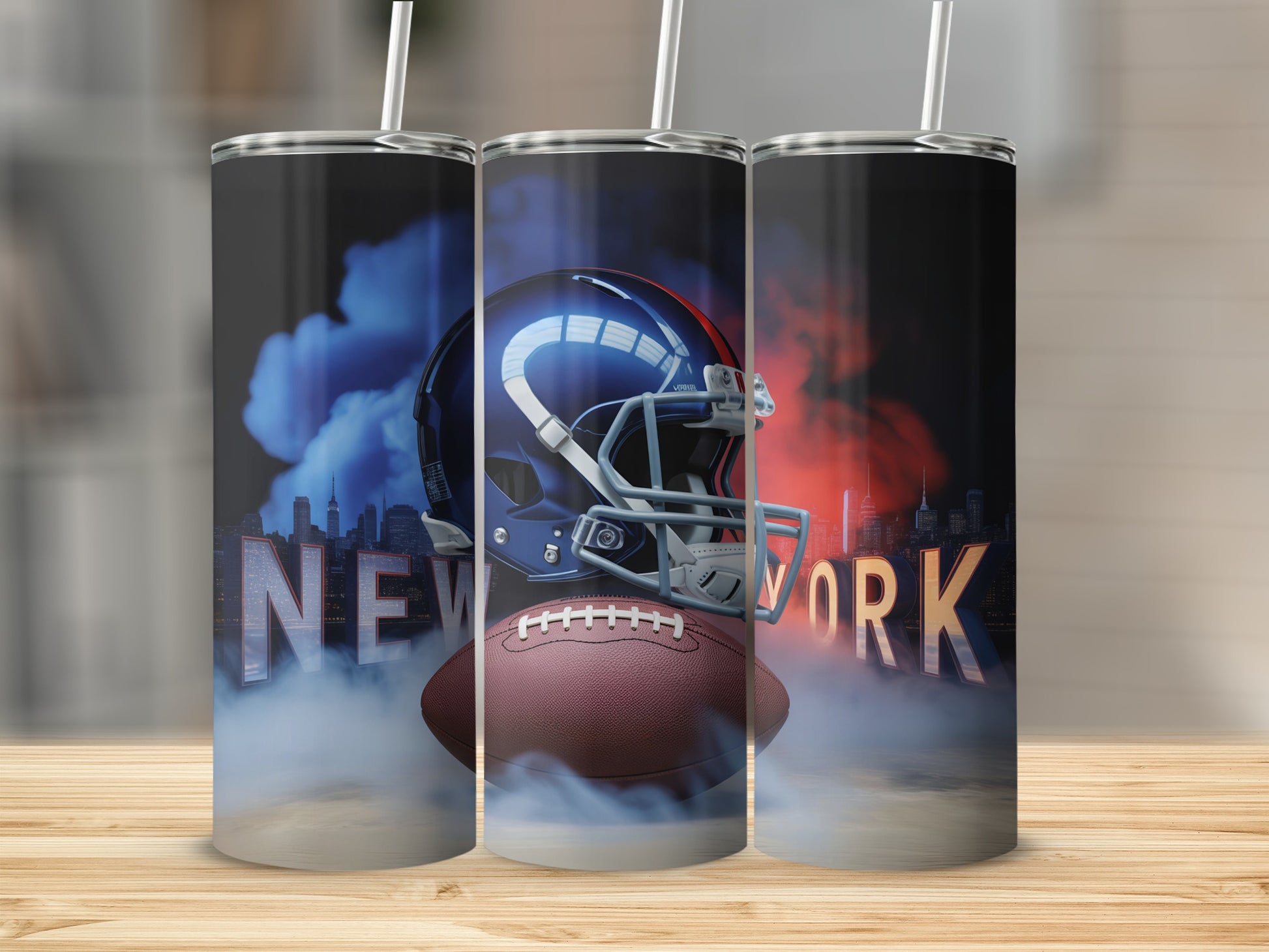 New York City skyline, football helmet, and football with smoky accents.