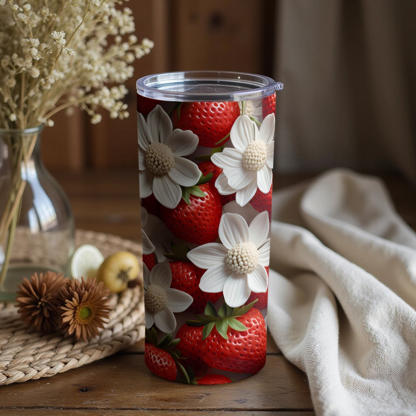 Strawberry and White Flower Design Tumbler Cup