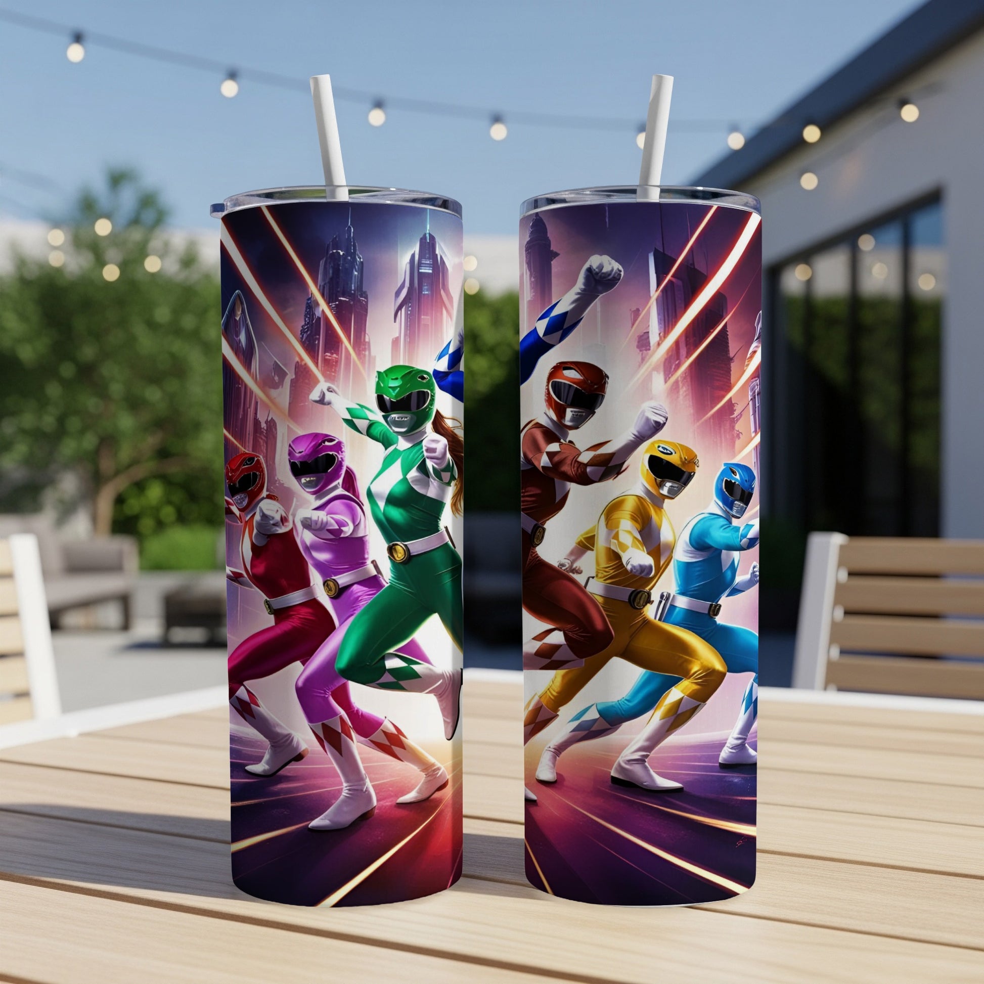 Power Rangers in action poses, with city skyline background.