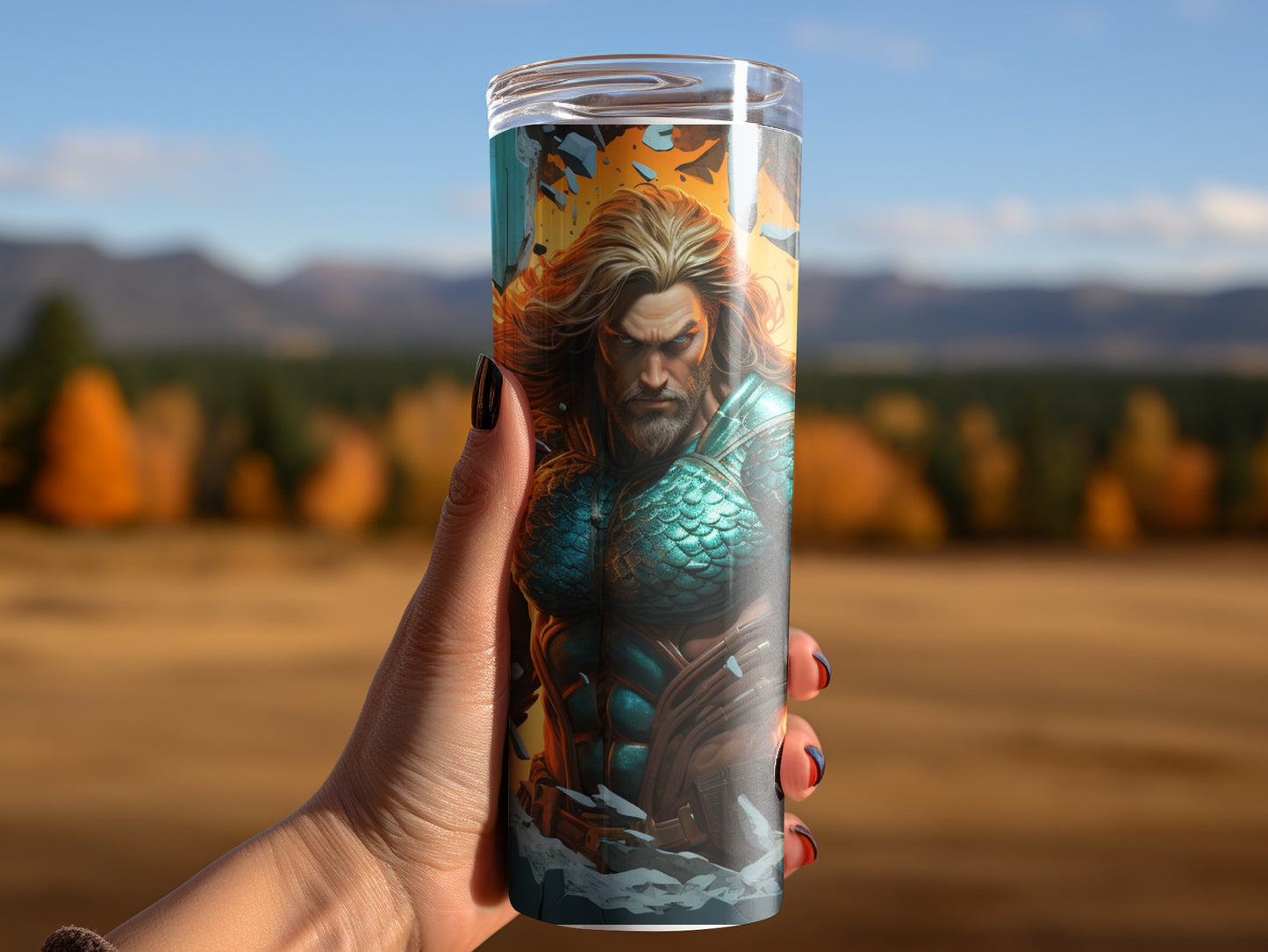 Epic Warrior Travel Tumbler with Scenic Background Design