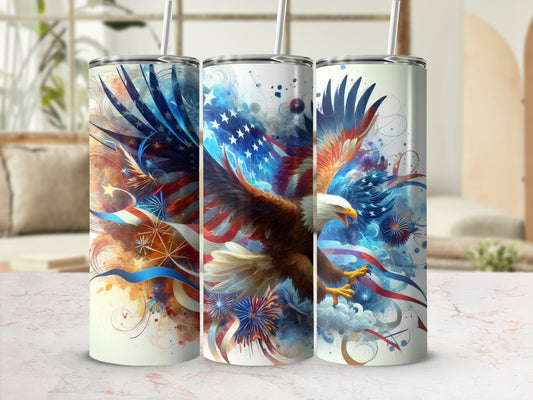 Eagle with American flag motifs on a white tumbler.