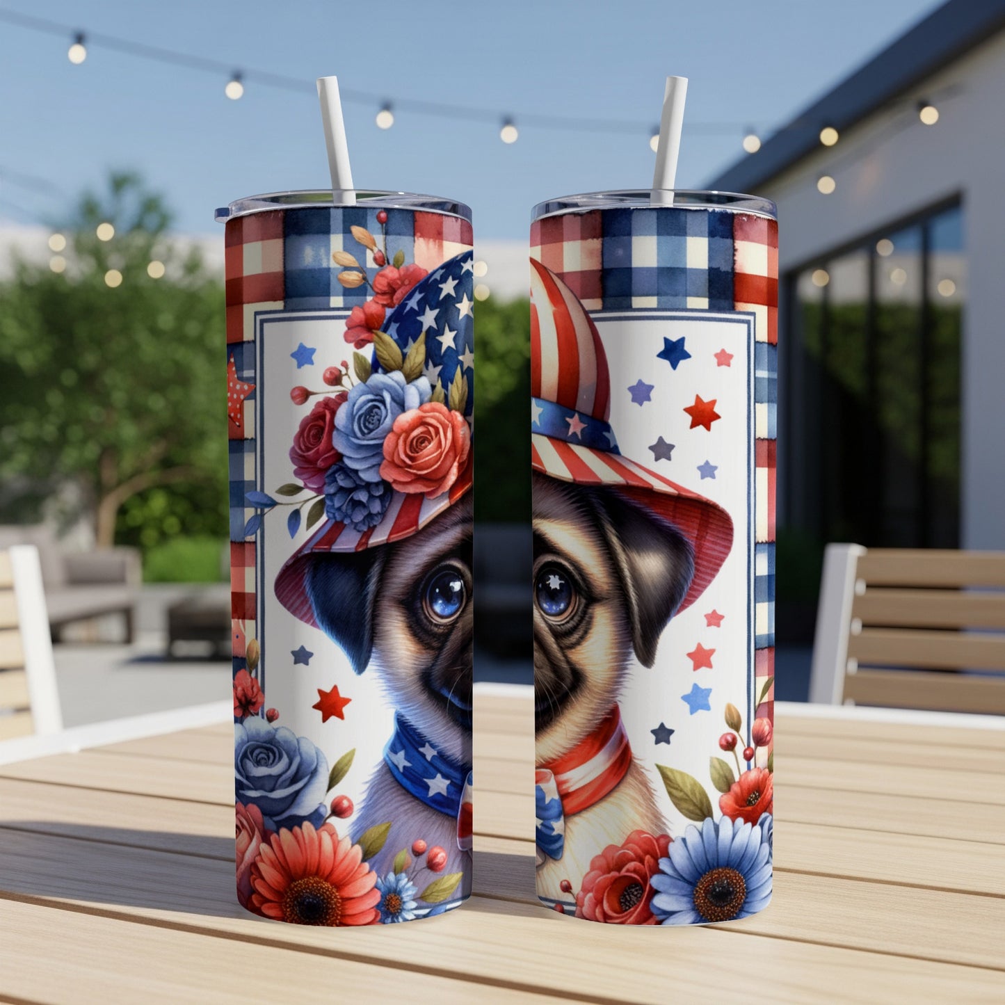 Two patriotic pugs wearing American flag hats and floral collars.