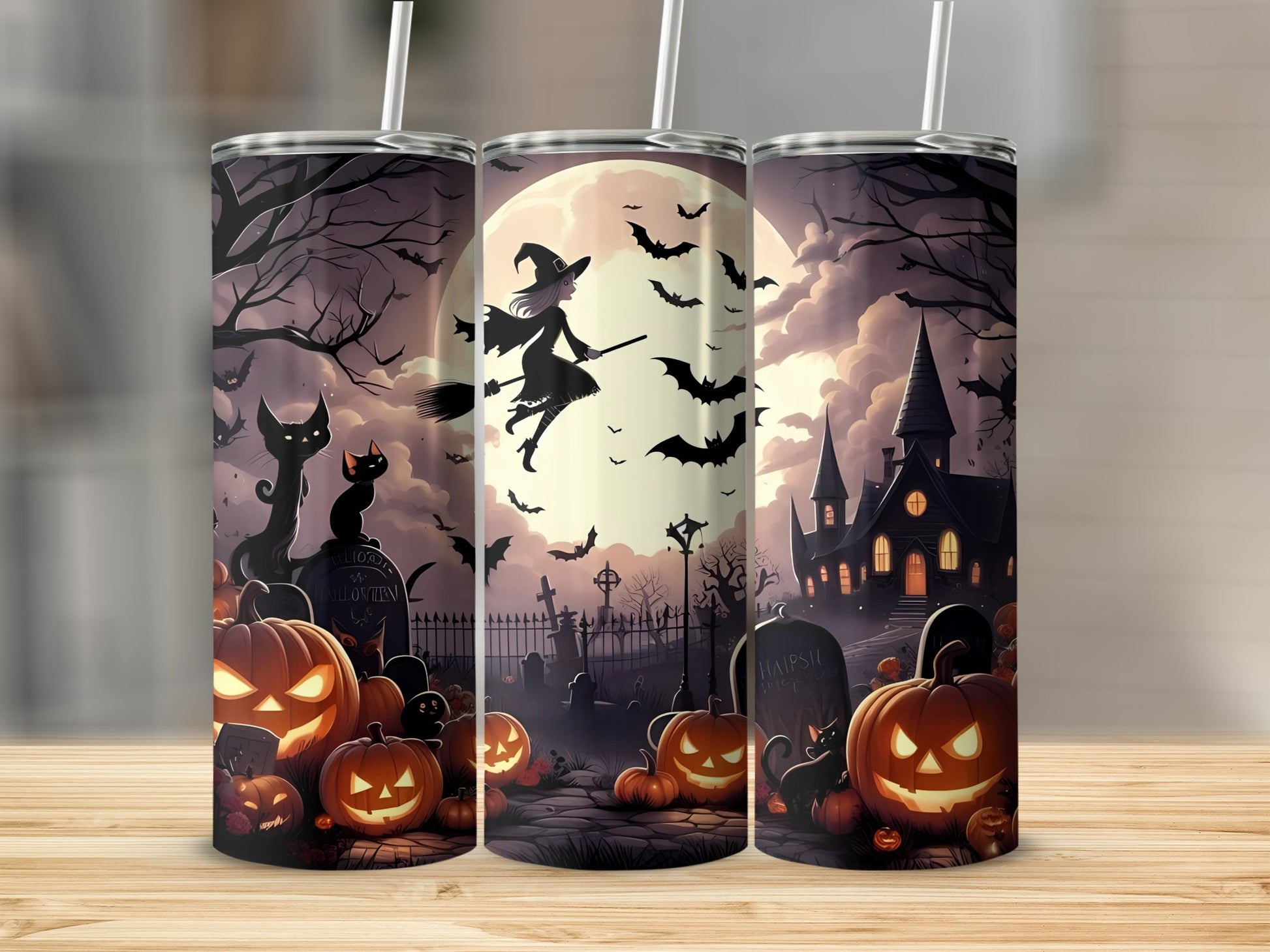 Halloween scene with witch, pumpkins, black cats, bats, haunted house, and graveyard.
