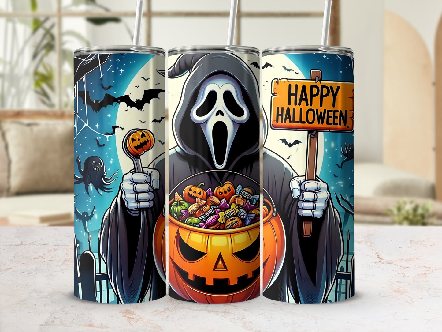 Halloween tumbler with grim reaper, candy, and pumpkins.