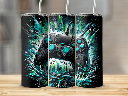 Vibrant Gaming Controller Splash Art on Tumbler