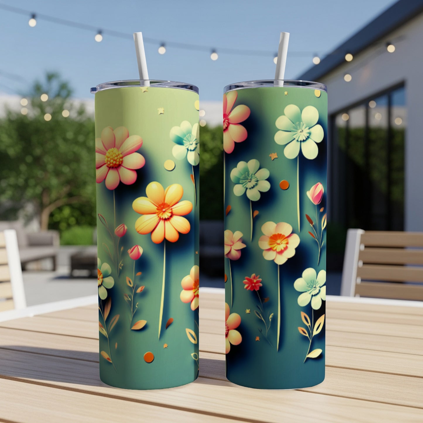Two tumblers with a floral design featuring colorful flowers and leaves.