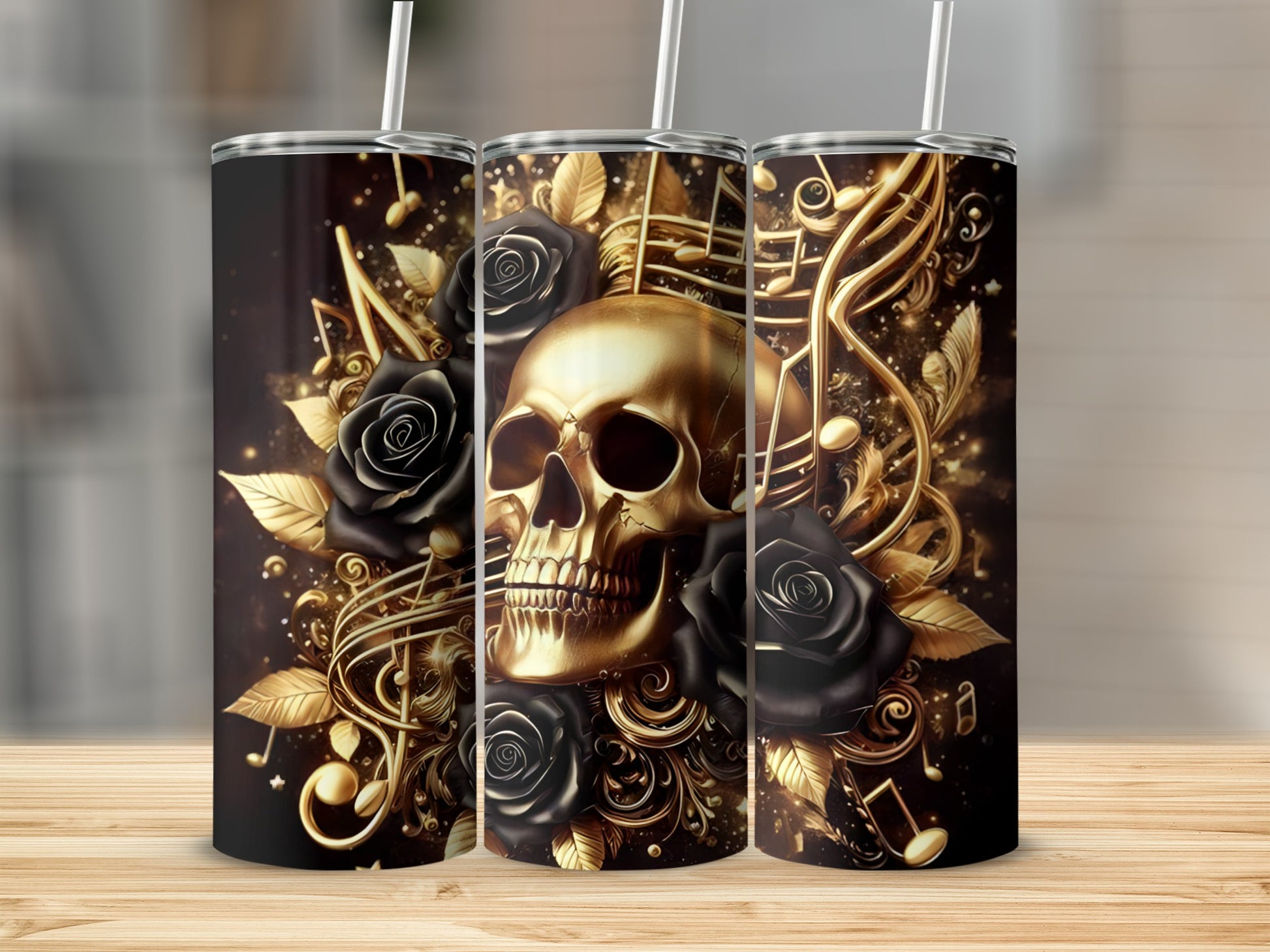 Golden skull with black roses and musical notes on a dark background.