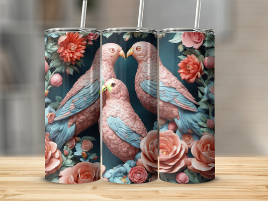 Three pink birds and roses on a patterned tumbler.