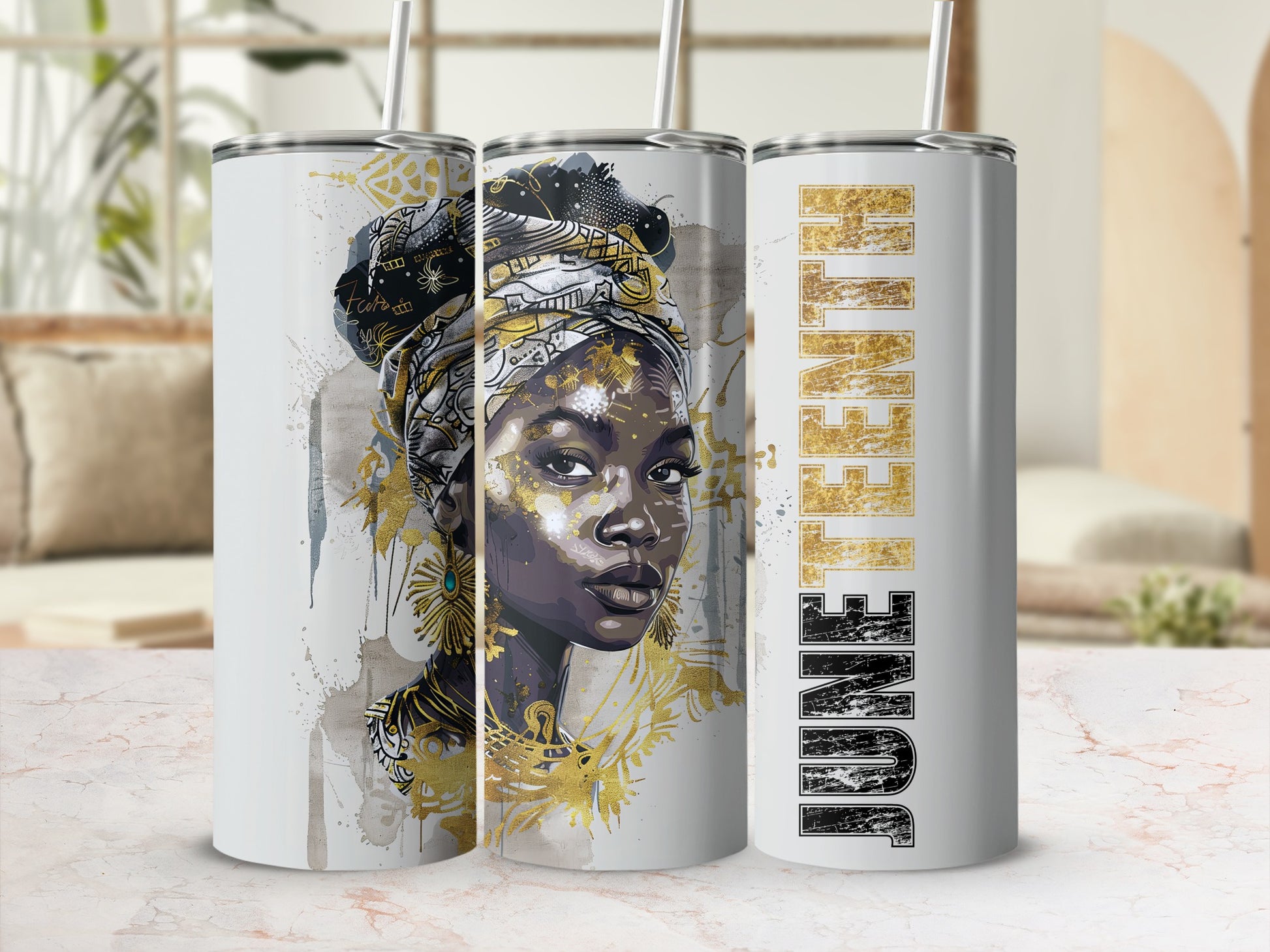 Tumbler with Black woman's portrait and "June Triumphant" text.