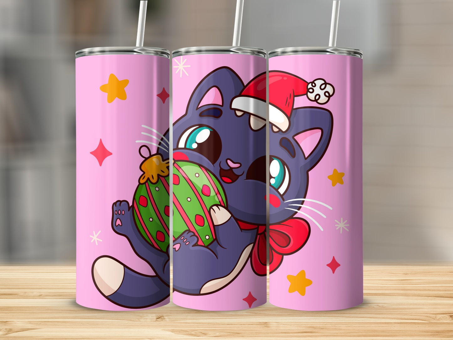 Cute Christmas Cat with Ornament Pink Tumbler