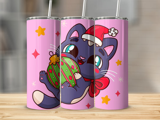 Cute Christmas Cat with Ornament Pink Tumbler