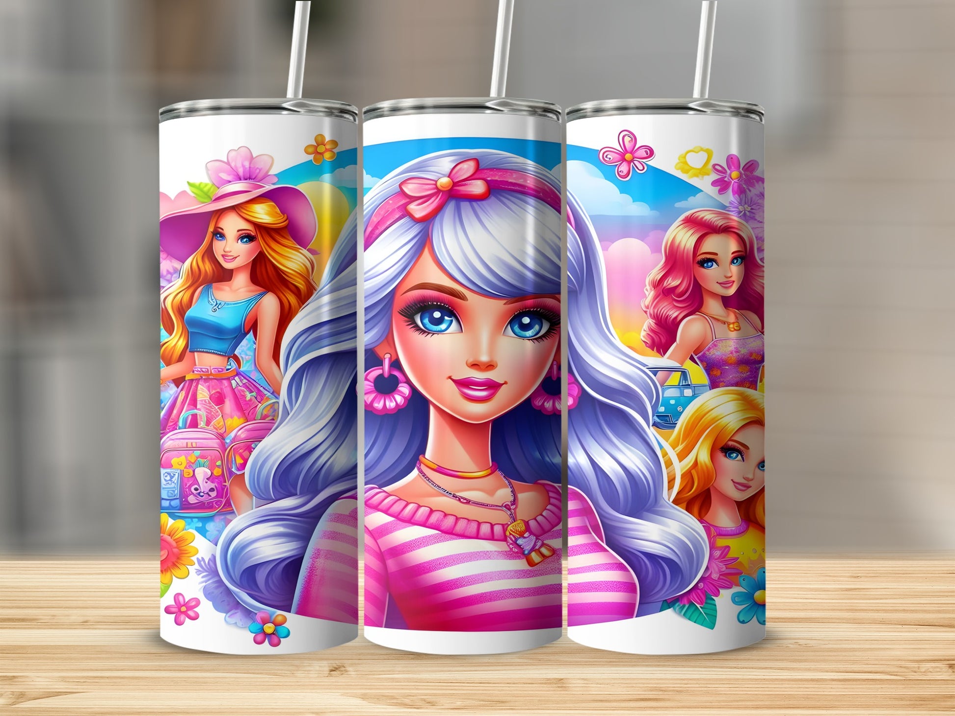 Three Barbie tumblers with different outfits and hairstyles, featuring floral accents.
