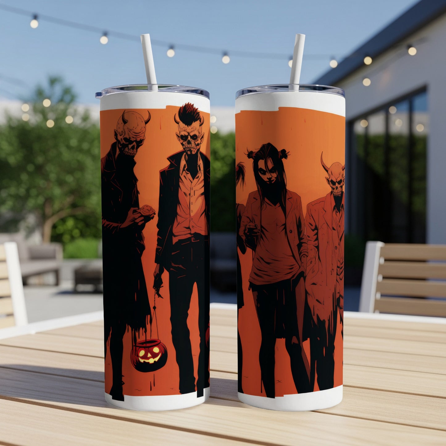 Two tumblers with a Halloween-themed design of spooky characters on an orange background.