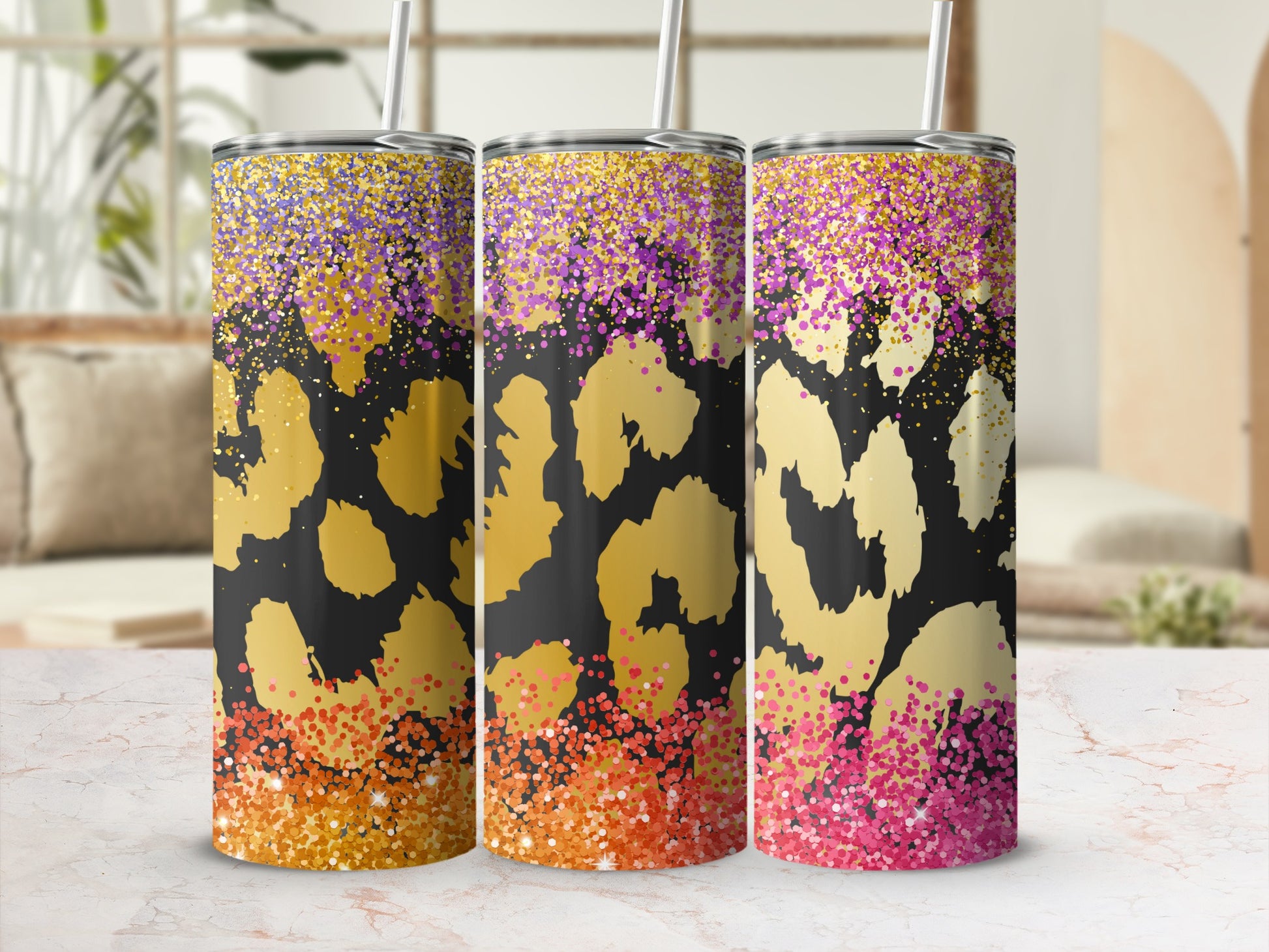 Glitter Leopard Print Tumbler with Colorful Accents