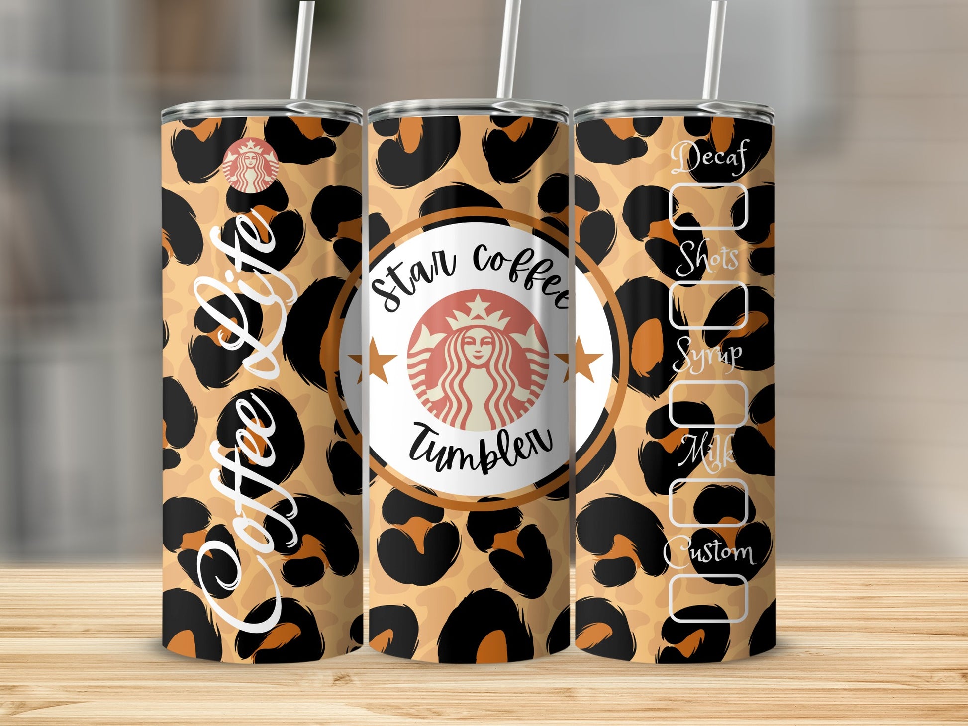 Star Coffee Life Leopard Print Tumbler with Straw