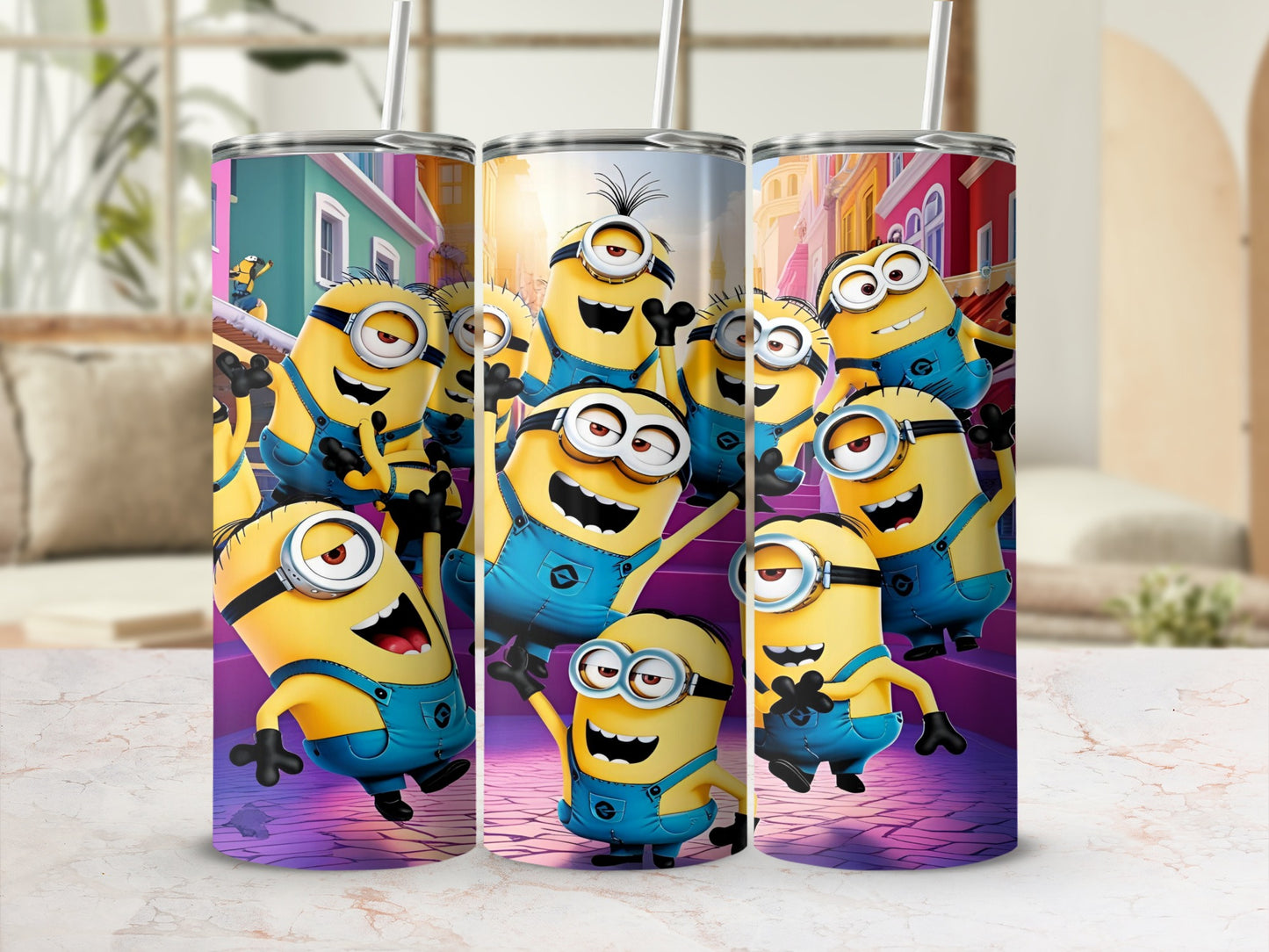 Minions characters on a colorful background with buildings and sunlight.