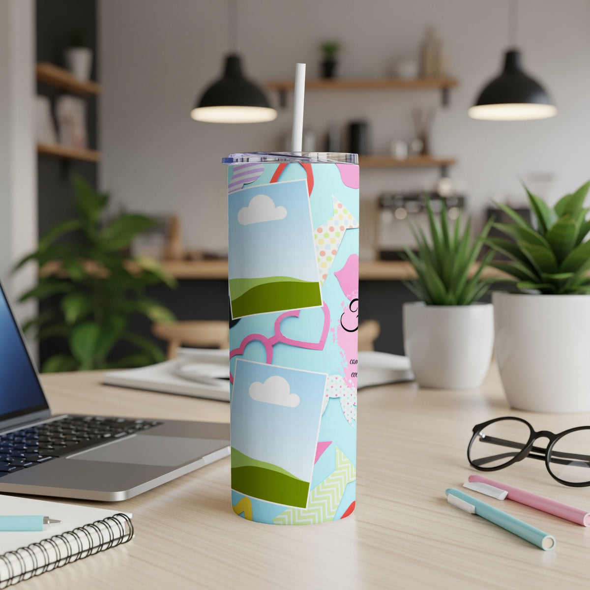 Blue tumbler with travel photos, pink glasses, and confetti pattern.