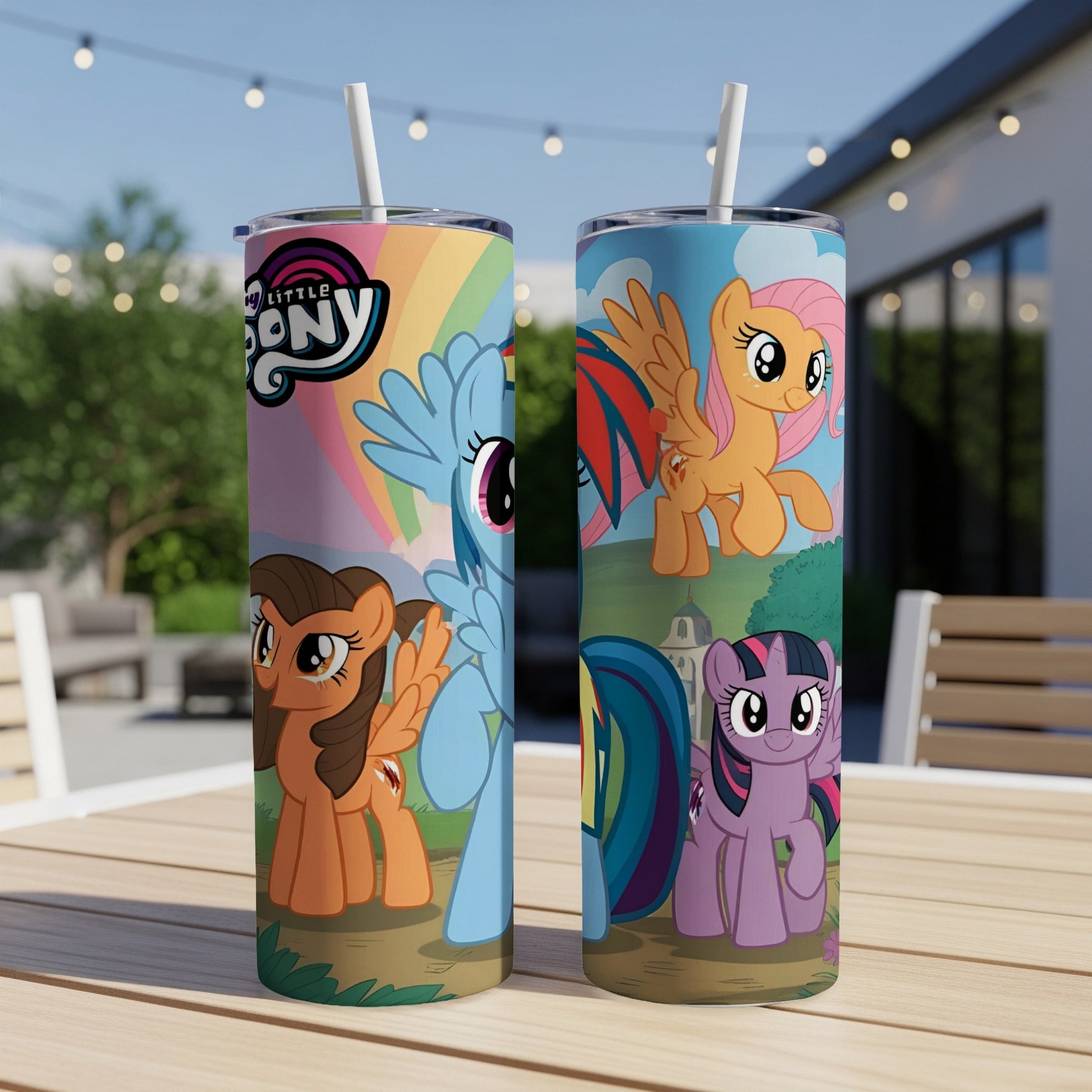Two My Little Pony tumblers featuring Rainbow Dash, Fluttershy, Applejack, and Twilight Sparkle.
