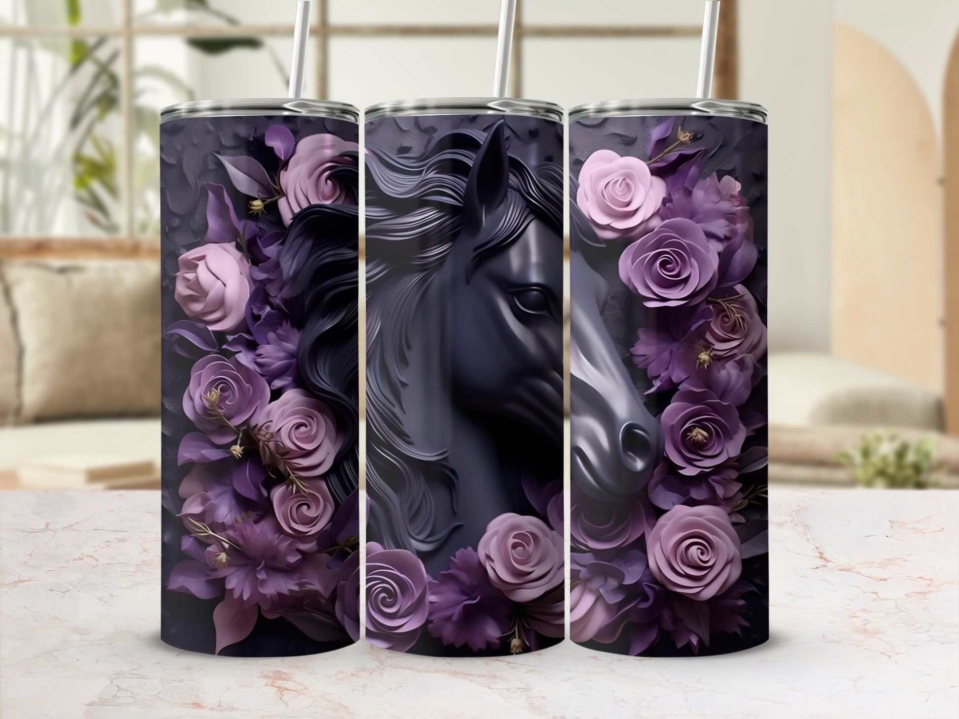Elegant Purple Floral Horse Print Tumbler
