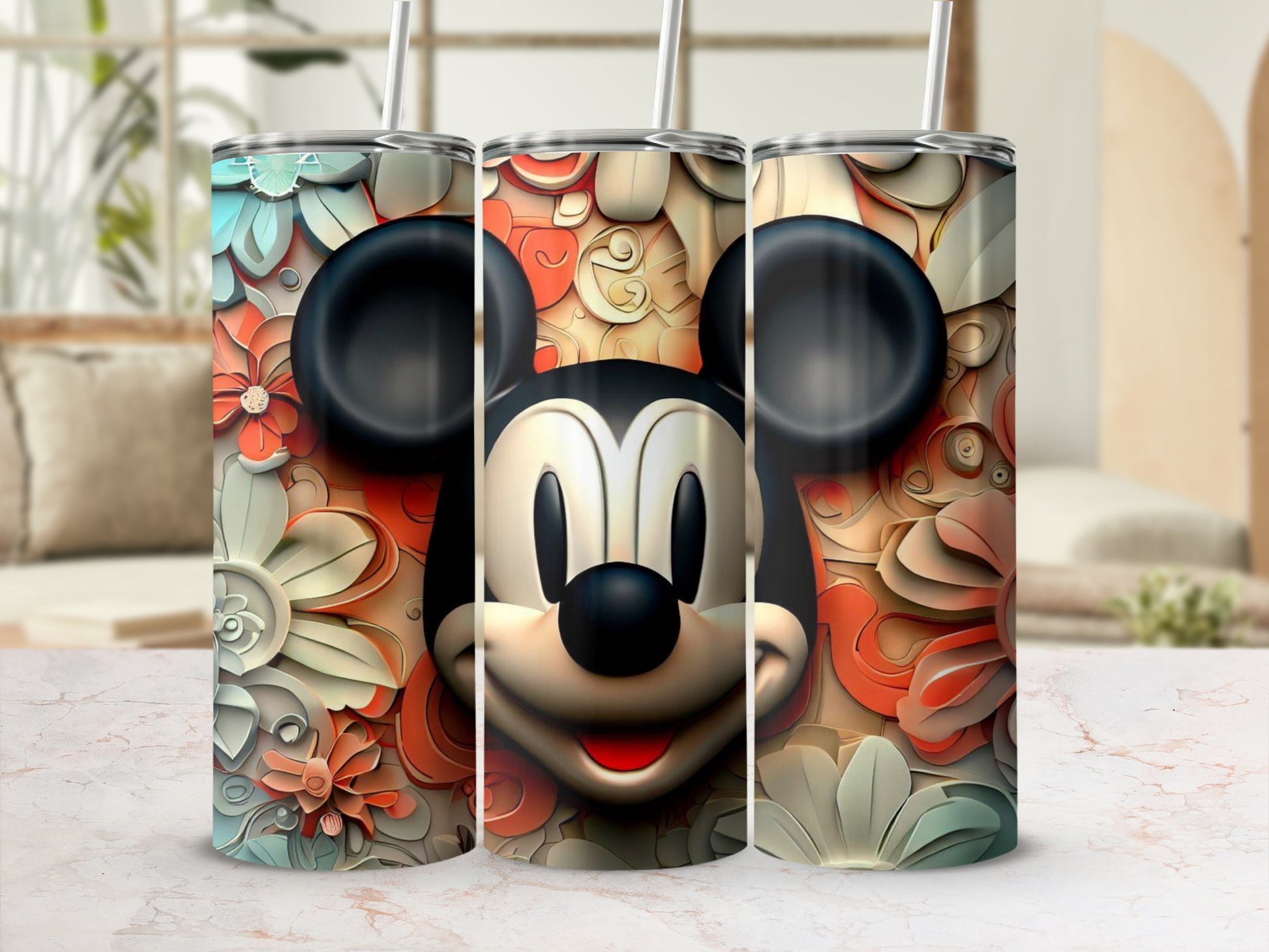 Mickey Mouse Floral Design Insulated Drink Tumblers