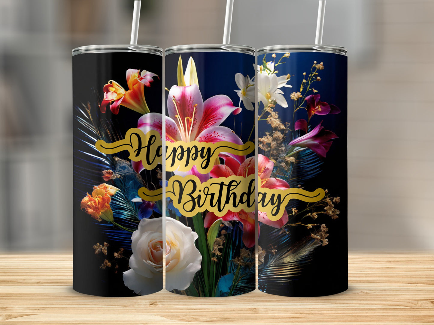 Three tumblers with "Happy Birthday" text and floral designs.