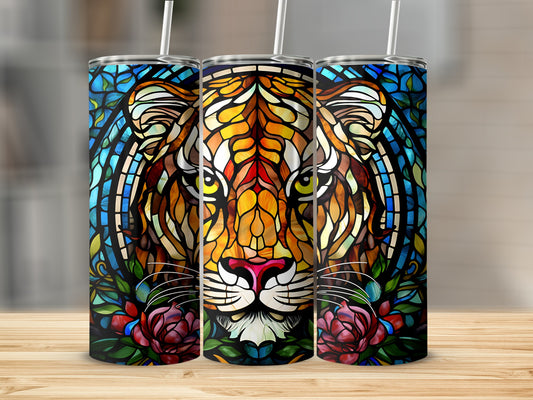 Tiger stained glass design on a skinny tumbler with roses.