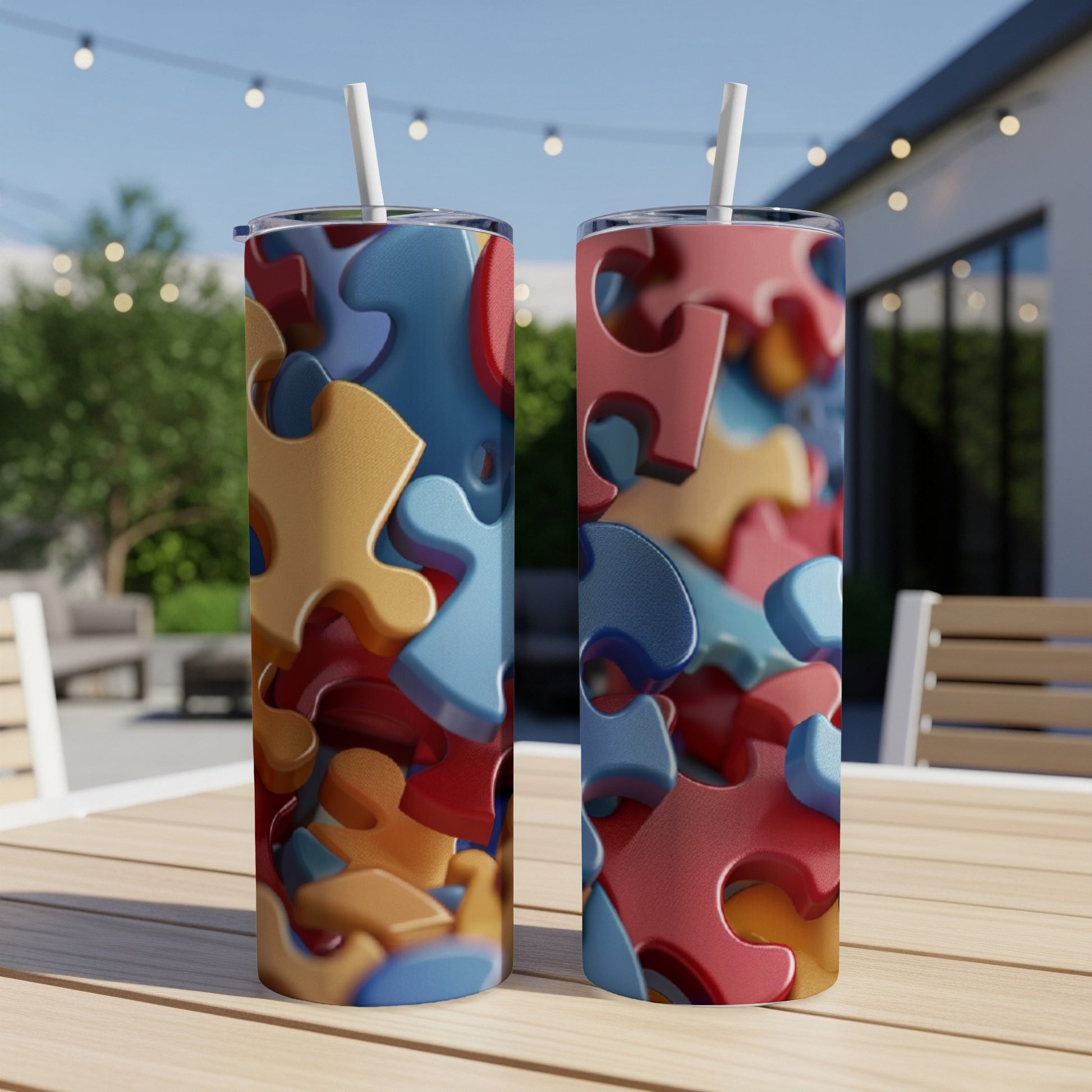 Two tumblers with a colorful, abstract puzzle piece pattern.