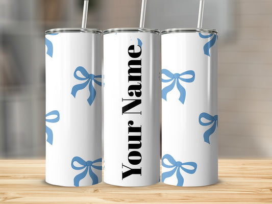 Customized Blue Bow Design on White Tumblers