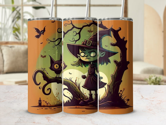 Halloween themed tumbler featuring a cartoon witch, black cat, bats, and spooky trees.