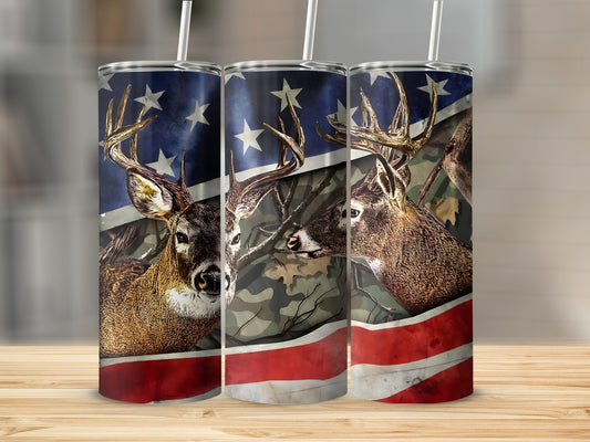 Two deer heads with antlers on tumblers with American flag and camouflage design.