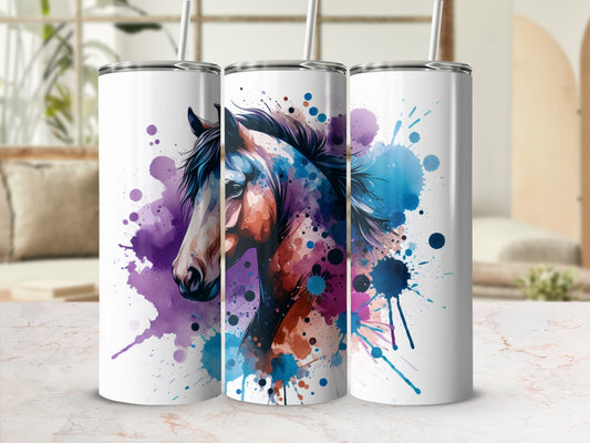 Tumbler with colorful horse head splash art.